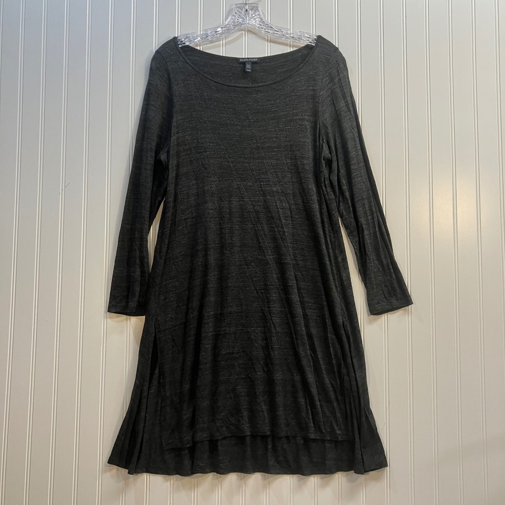 Eileen Fisher Gray Viscose Long Sleeve Tunic Dress Scoop Neck M Luxury Lagenlook
